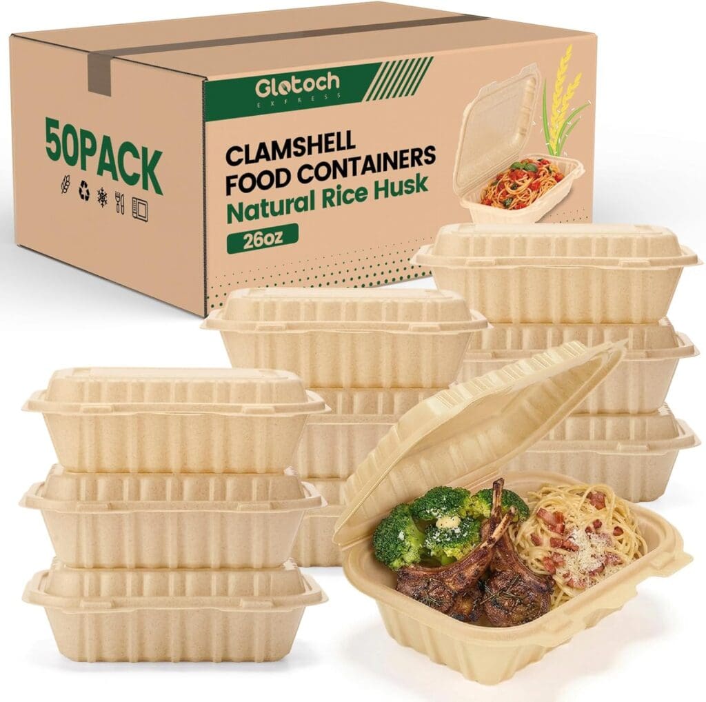 A box labeled "50 Pack Clamshell Food Containers Natural Rice Husk 26oz" with several beige clamshell containers stacked in front; one open container holds cooked vegetables and pasta with meat—perfect for Thursday Deals.