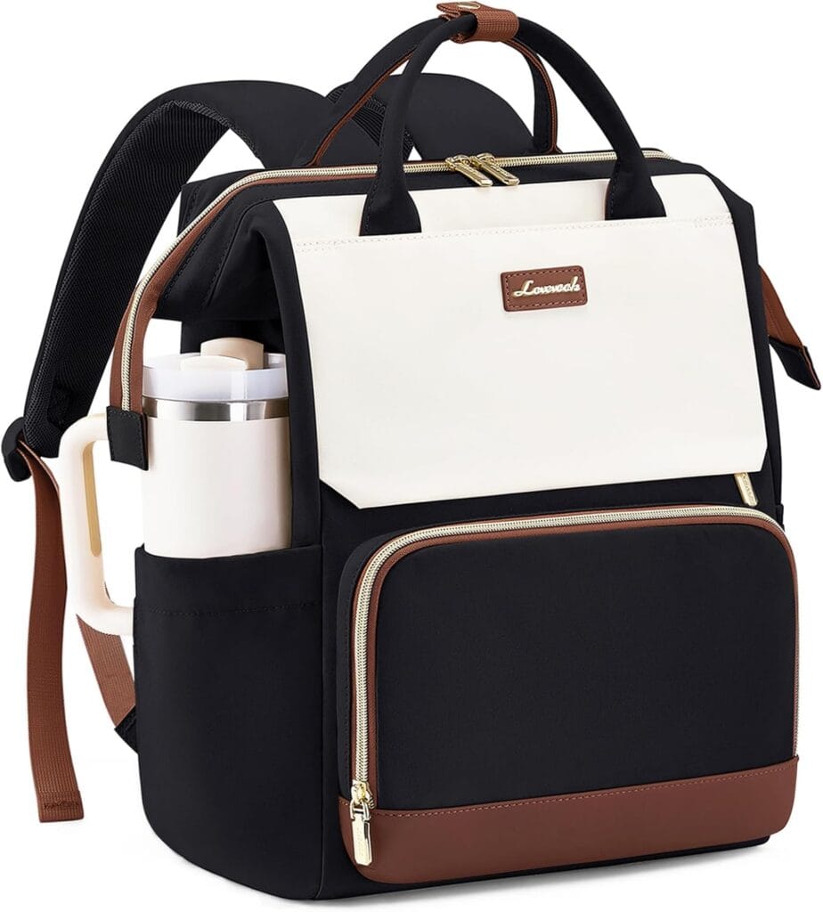 A stylish black and white backpack with brown accents, featuring a front zippered pocket, top handles, side pocket holding a white tumbler, and padded shoulder straps.