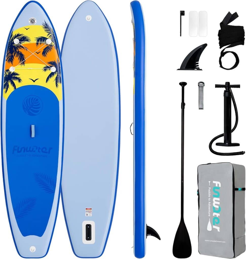 Three views of a Funwater inflatable stand-up paddleboard with a tropical palm design, shown alongside accessories: paddle, pump, fin, repair kit, leash, user manual, and carry bag.