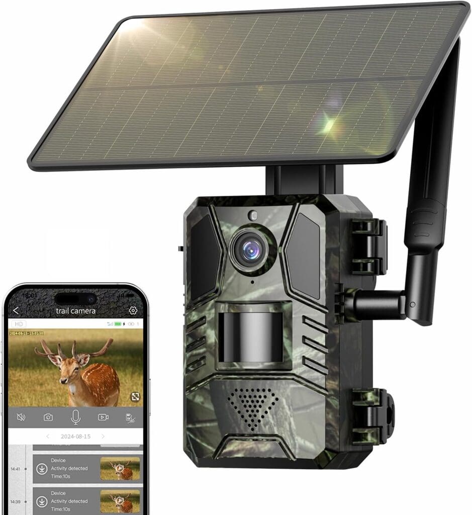 A camouflage-patterned trail camera with an attached solar panel is shown next to a smartphone displaying a wildlife monitoring app with a photo of a deer—perfect for nature enthusiasts seeking Thursday Deals.