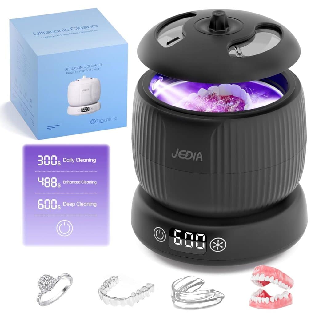 A black JEDIA ultrasonic cleaner with a digital timer is shown cleaning jewelry. The package box and cleaning modes are displayed, plus images of jewelry, dentures, and aligners—all perfect for this Thursday Deals offer.