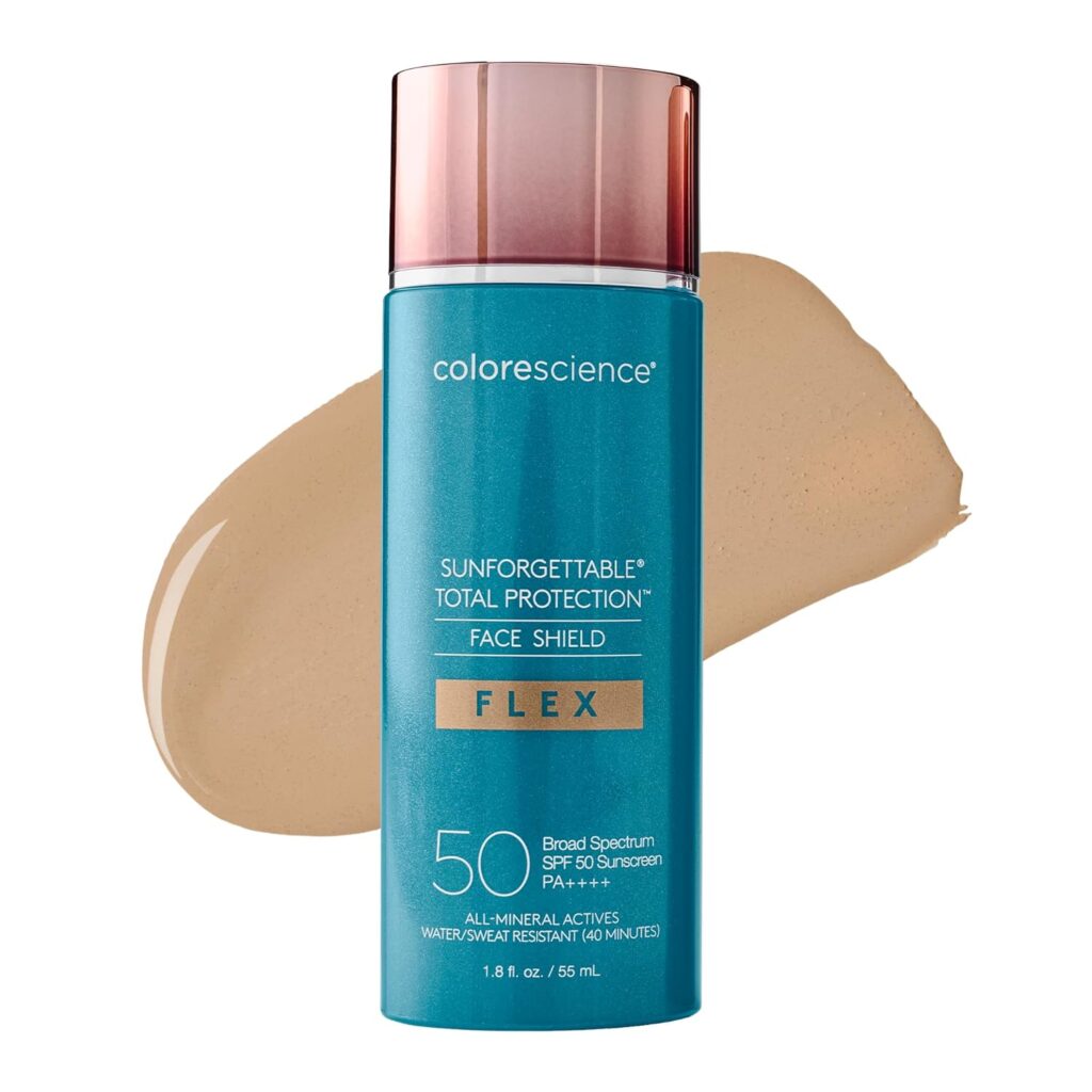 A turquoise bottle of Colorescience Sunforgettable Total Protection Face Shield Flex SPF 50 sunscreen is shown with a swatch of beige-colored product behind it. The bottle has a rose gold cap and white and gold text.