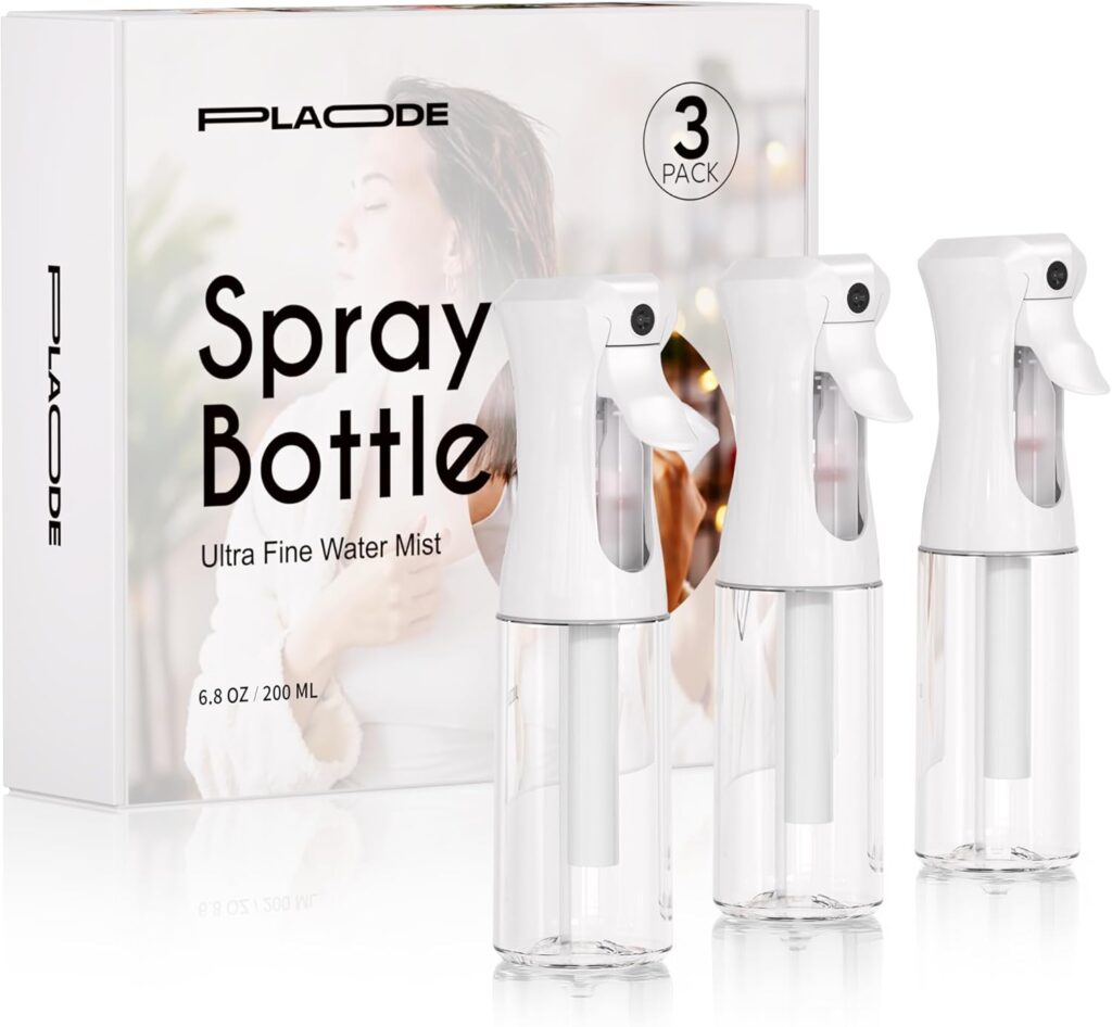 Three clear spray bottles with white tops are displayed in front of packaging that reads "PLAcode Spray Bottle, Ultra Fine Water Mist, 3 Pack, 6.8 oz/200 ml." A woman is pictured on the box background.