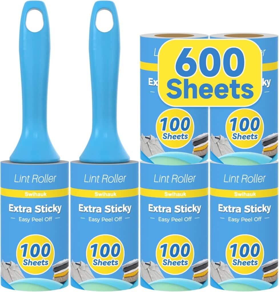 Six rolls of Swihauk lint rollers with blue handles, each labeled “Extra Sticky” and “100 Sheets,” are shown. A yellow sign reads “600 Sheets” to highlight the total sheet count—perfect for grabbing during Friday Deals.