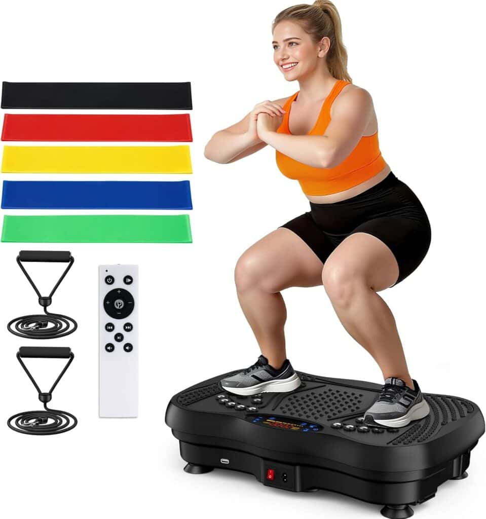 A woman in workout clothes squats on a vibration platform. Nearby are four resistance bands in red, black, yellow, and green, two handles with cords, and a remote control for the machine.