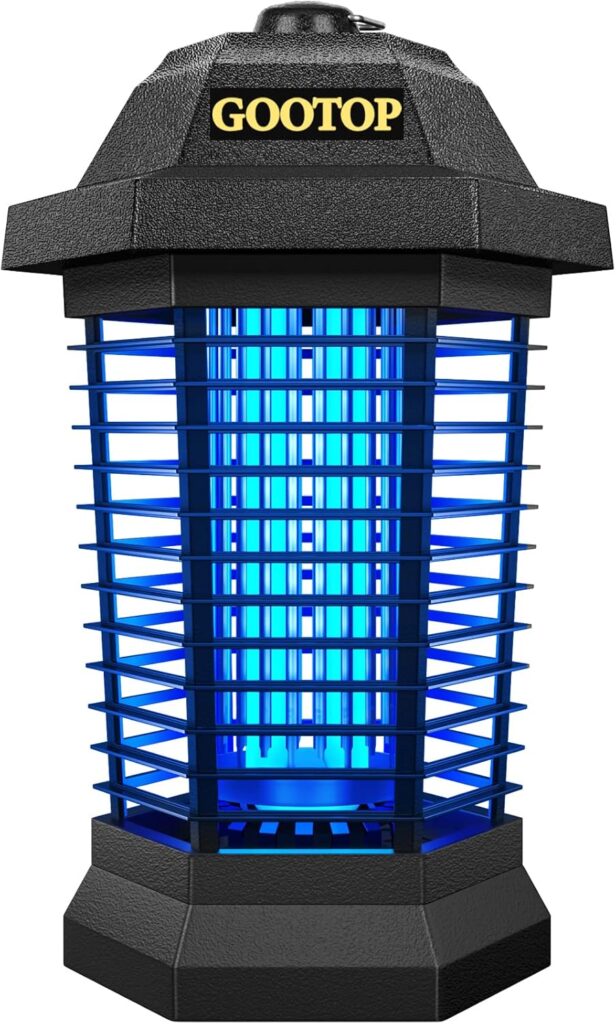 A black, hexagonal electronic bug zapper with blue UV light inside and the brand name "GOOTOP" on top.