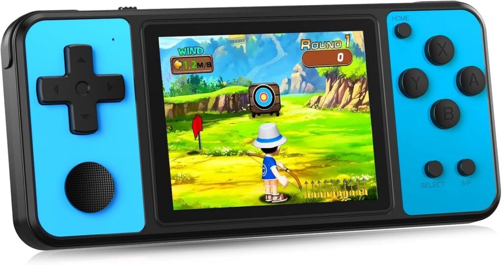 A handheld gaming console with blue controls displays a colorful archery game on its screen, featuring a character aiming at a target in a bright outdoor setting.