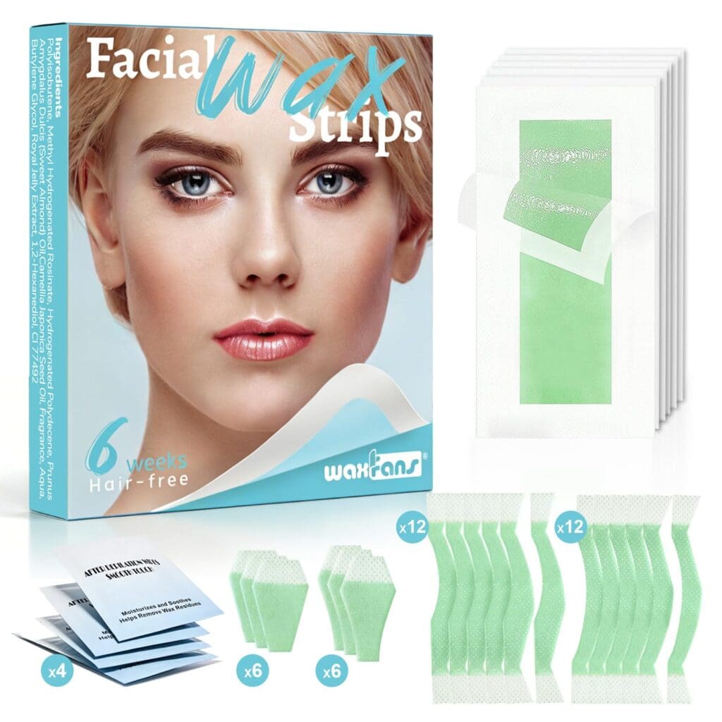 A box of facial wax strips featuring a woman’s face. Displayed beside the box are green wax strips in stacks, small blue wipes, green mini strips, and separated green strips, each with quantity labels.