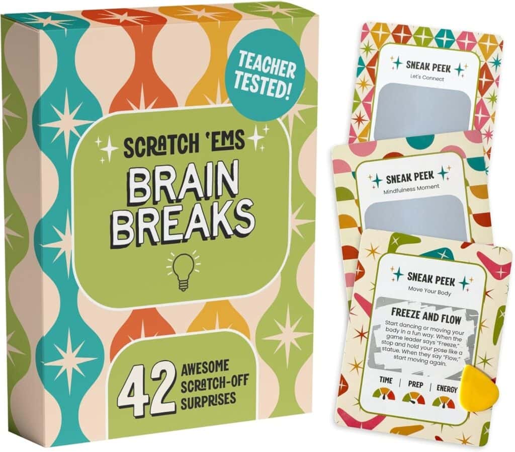 A box labeled "Scratch 'Ems Brain Breaks" with colorful retro patterns stands beside three sample activity cards and a small yellow scratch tool. The box advertises 42 awesome scratch-off surprises and "Teacher Tested!.