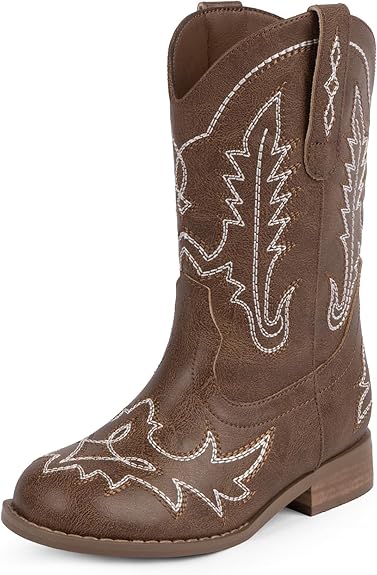 A brown cowboy boot with white decorative stitching, a low stacked heel, and pull tabs on the sides.