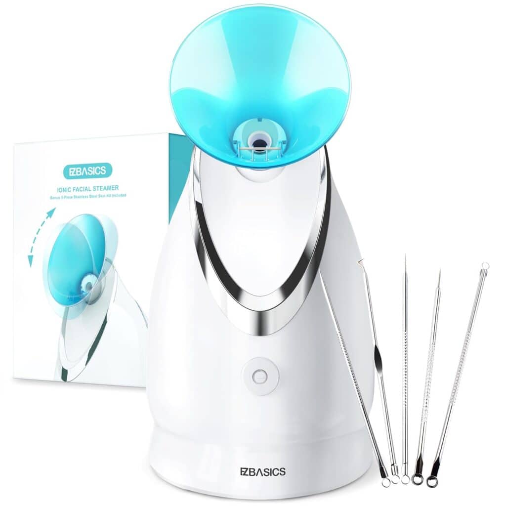 A white EZBASICS ionic facial steamer with a blue-tinted nozzle is shown next to its box and five stainless steel skincare tools for facial cleansing and blackhead removal—perfect for Thursday Deals.