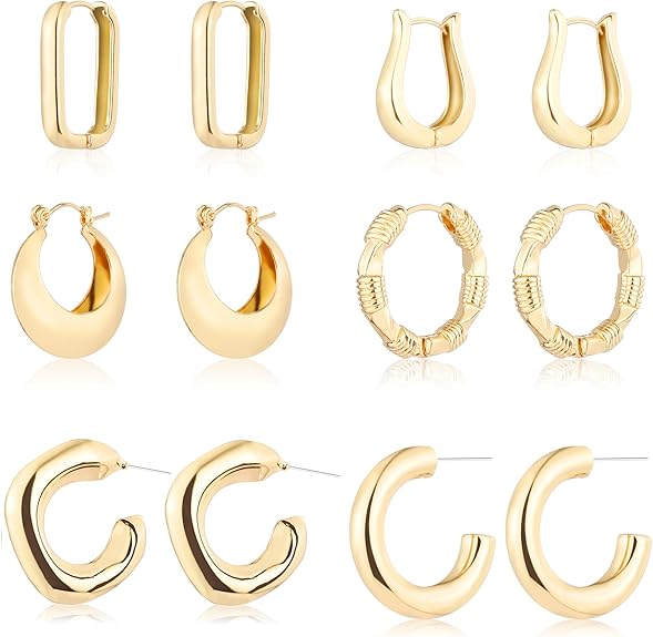 A set of six pairs of gold hoop earrings in various shapes and sizes, neatly arranged in two rows on a white background.
