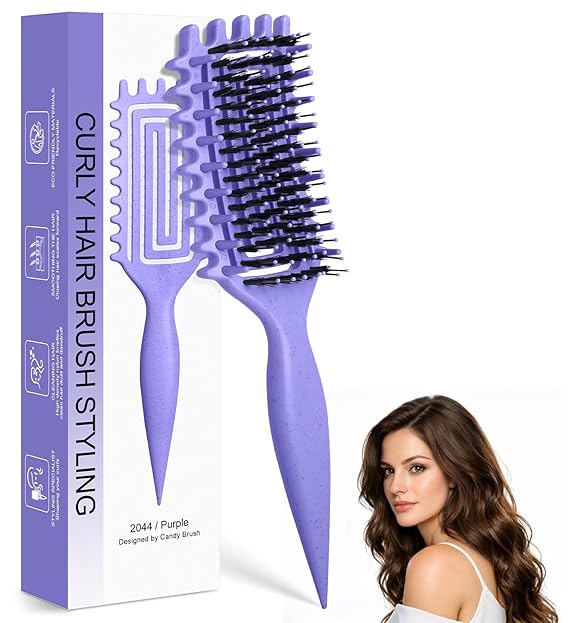 Two purple curly hair brushes are displayed in front of their packaging box, with a woman with wavy brown hair shown in the bottom right corner, illustrating the styling effect.