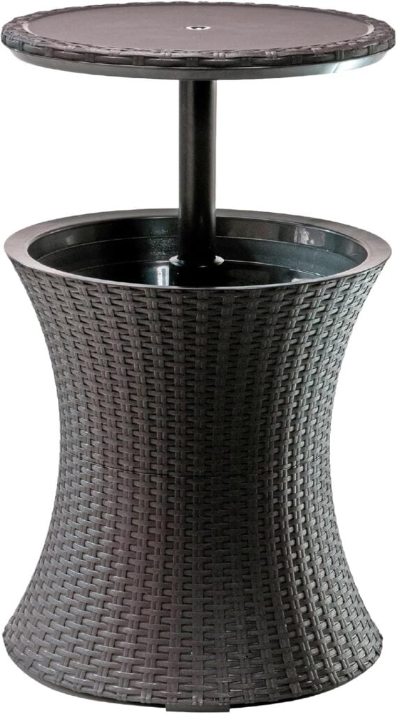 A tall, round, dark brown woven outdoor cooler with a lift-up lid that doubles as a tabletop. Perfect for Friday Deals, its wicker-textured body keeps ice and drinks cool while adding style to your patio gatherings.