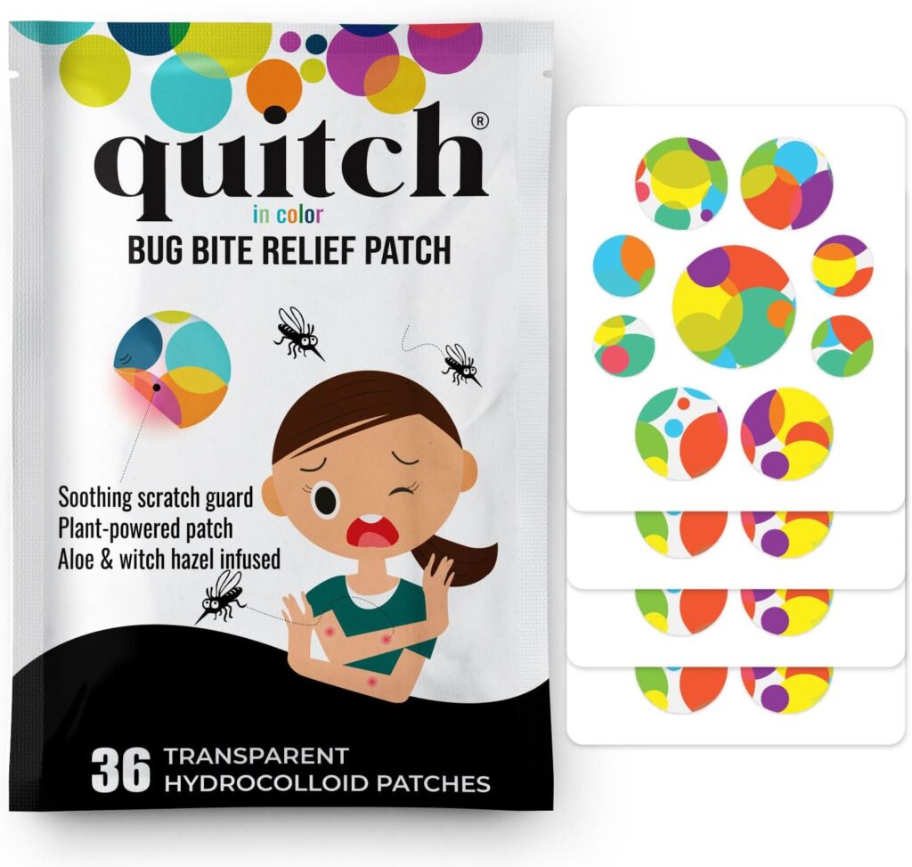 A packet labeled "quitch in color BUG BITE RELIEF PATCH" features a distressed child scratching her arm, surrounded by mosquitoes. To the right are four transparent patches with colorful designs—perfect for soothing bites and snagging Friday Deals!.