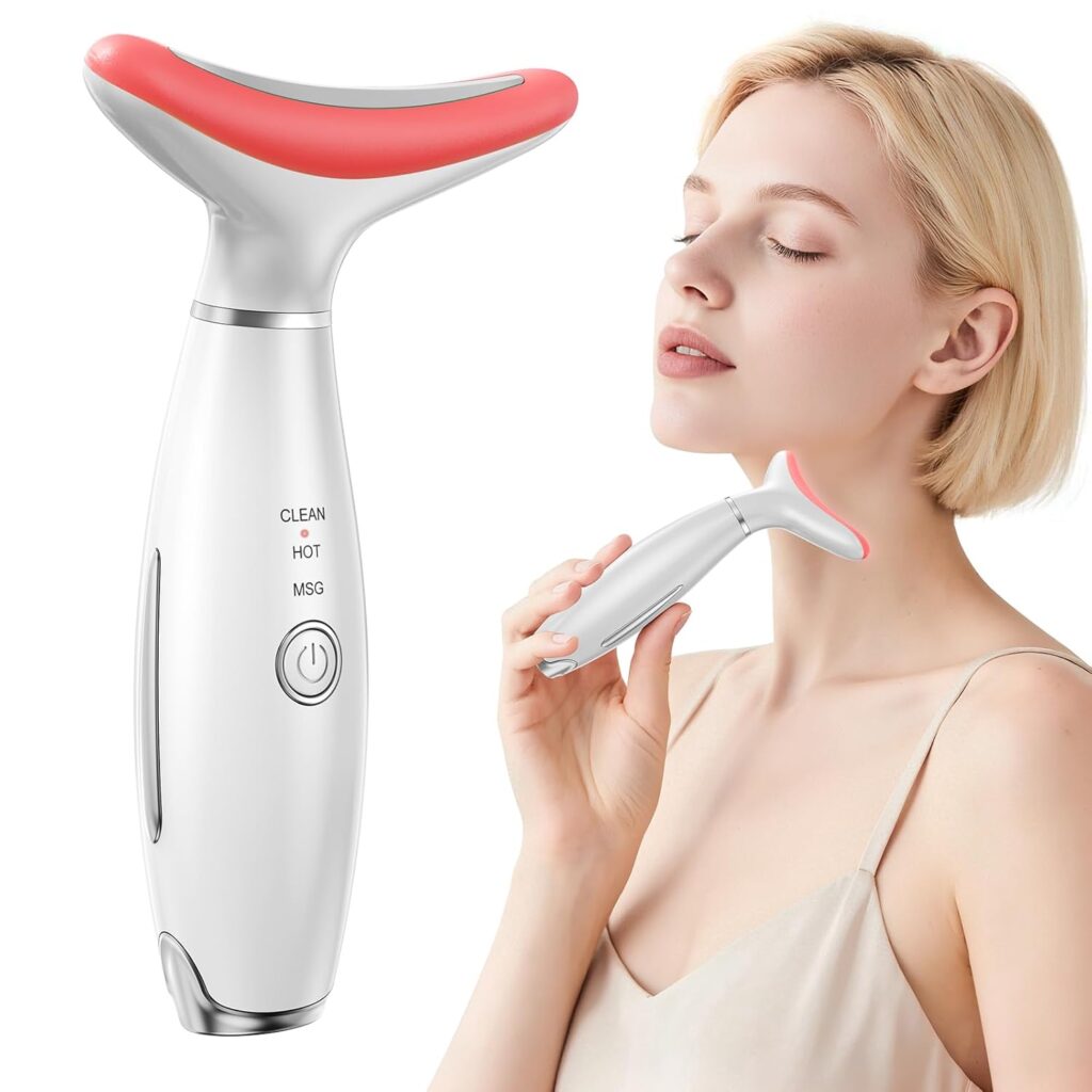 A woman uses a white and red handheld facial massager on her chin and jawline. An enlarged image of the device, featuring a power button and mode labels, is shown beside her.