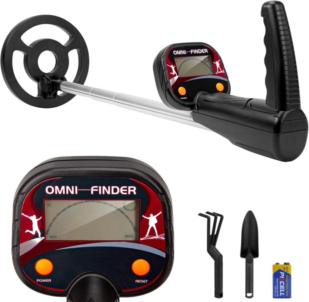A black and silver metal detector labeled "OMNI-FINDER" with an ergonomic handle, digital display, and circular search coil—featured in our Friday Deals. Also shown are a small digging tool, mini rake, and a 9V battery.