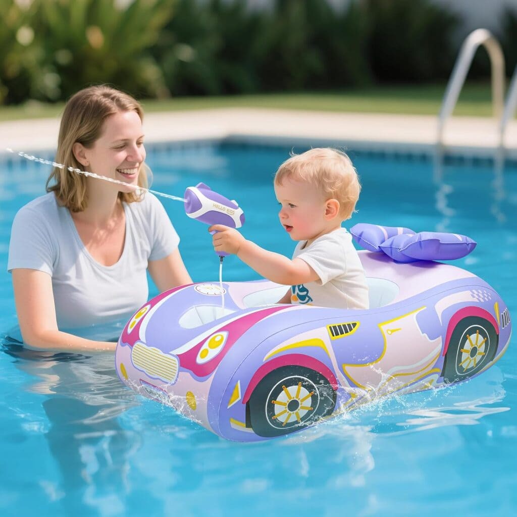 A smiling woman in a pool holds a young child sitting in a purple and yellow inflatable car float. The child squirts water from a toy water gun, and there is greenery in the background.