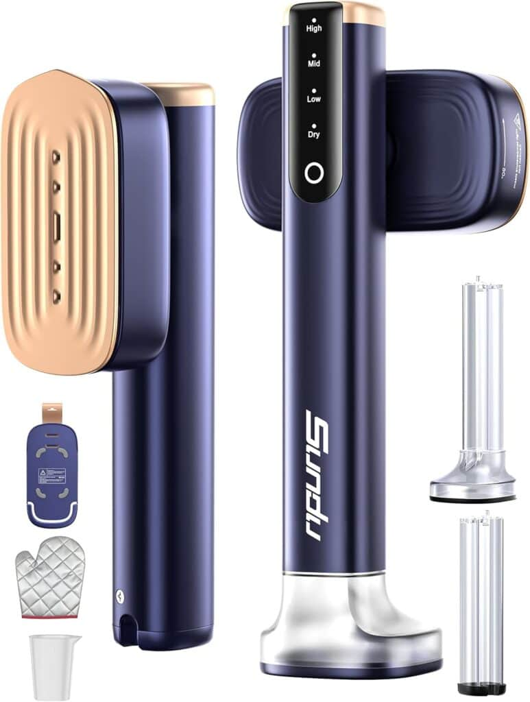 A handheld travel steamer with a metallic gold and navy finish is shown from front and side angles. Also pictured are various attachments, a heat-resistant glove, measuring cup, and lint brush. Get 54% off this versatile clothes steamer!.