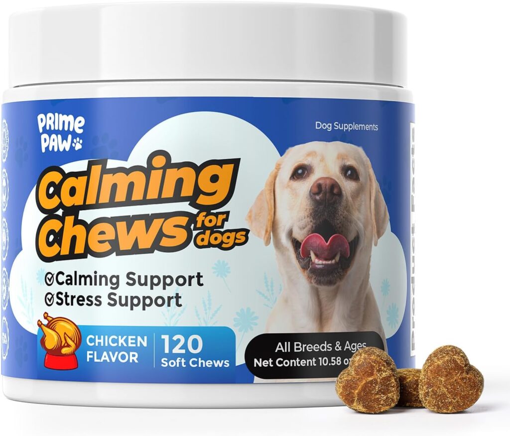 A container of Prime Paw Calming Chews for dogs, chicken flavor, with an image of a dog and heart-shaped chews. The label highlights calming and stress support for all breeds and ages, with 120 soft chews per jar.