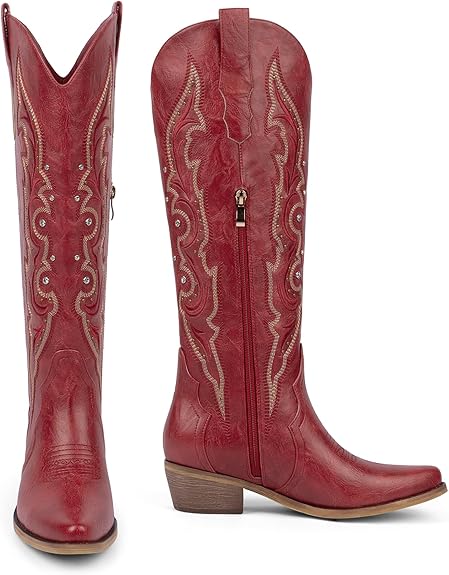 A pair of tall, red cowboy boots with tan stitching, decorative patterns, and low wooden heels. One boot is shown from the front and the other from the side, displaying a zipper and pointed toe—perfect for Thursday Deals shoppers.