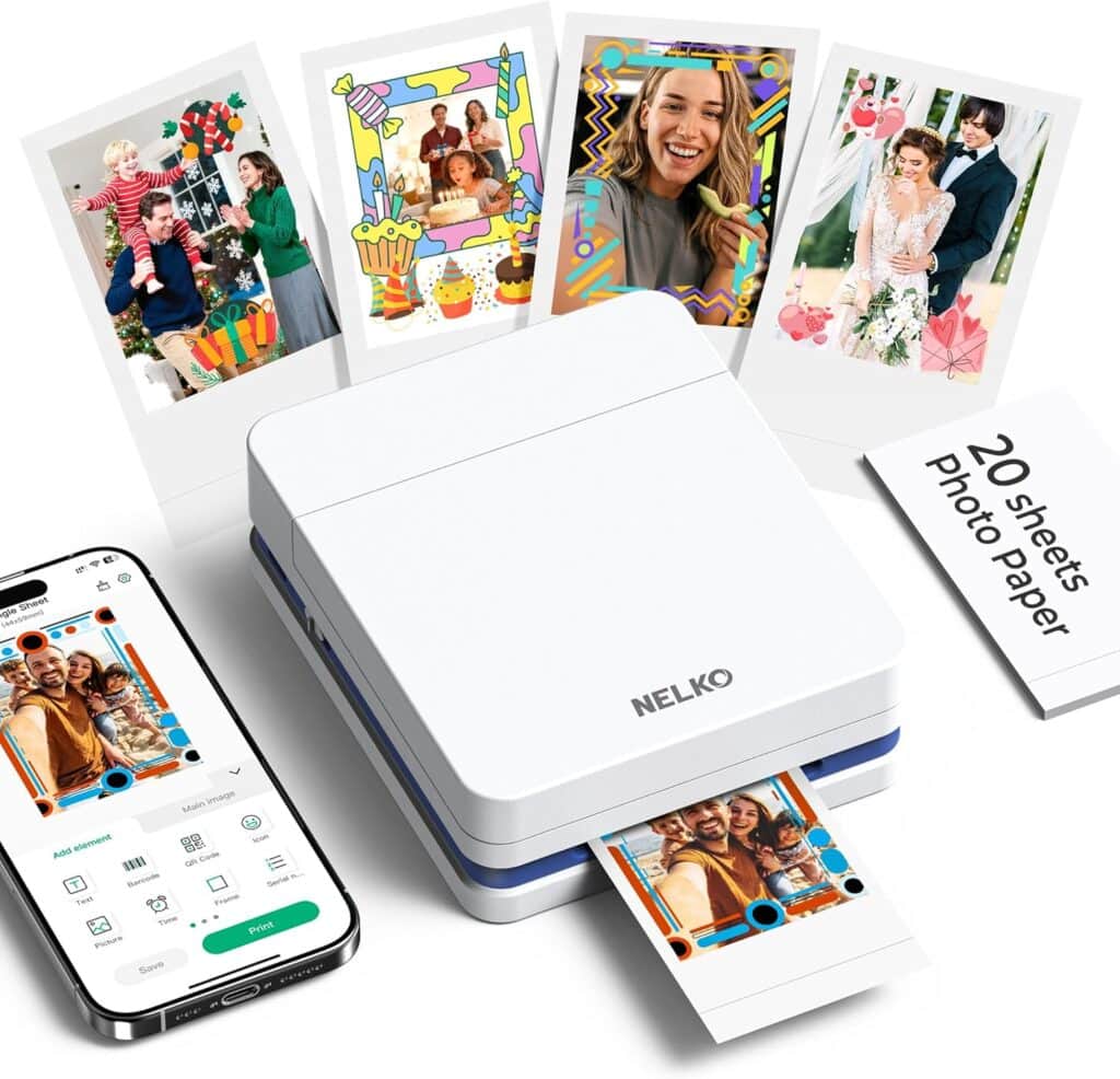 A NELKO photo printer prints a colorful photo, with printed photos and stickers displayed behind it. A smartphone with a photo editing app and a pack labeled "20 Sheets Photo Paper" are beside the printer.