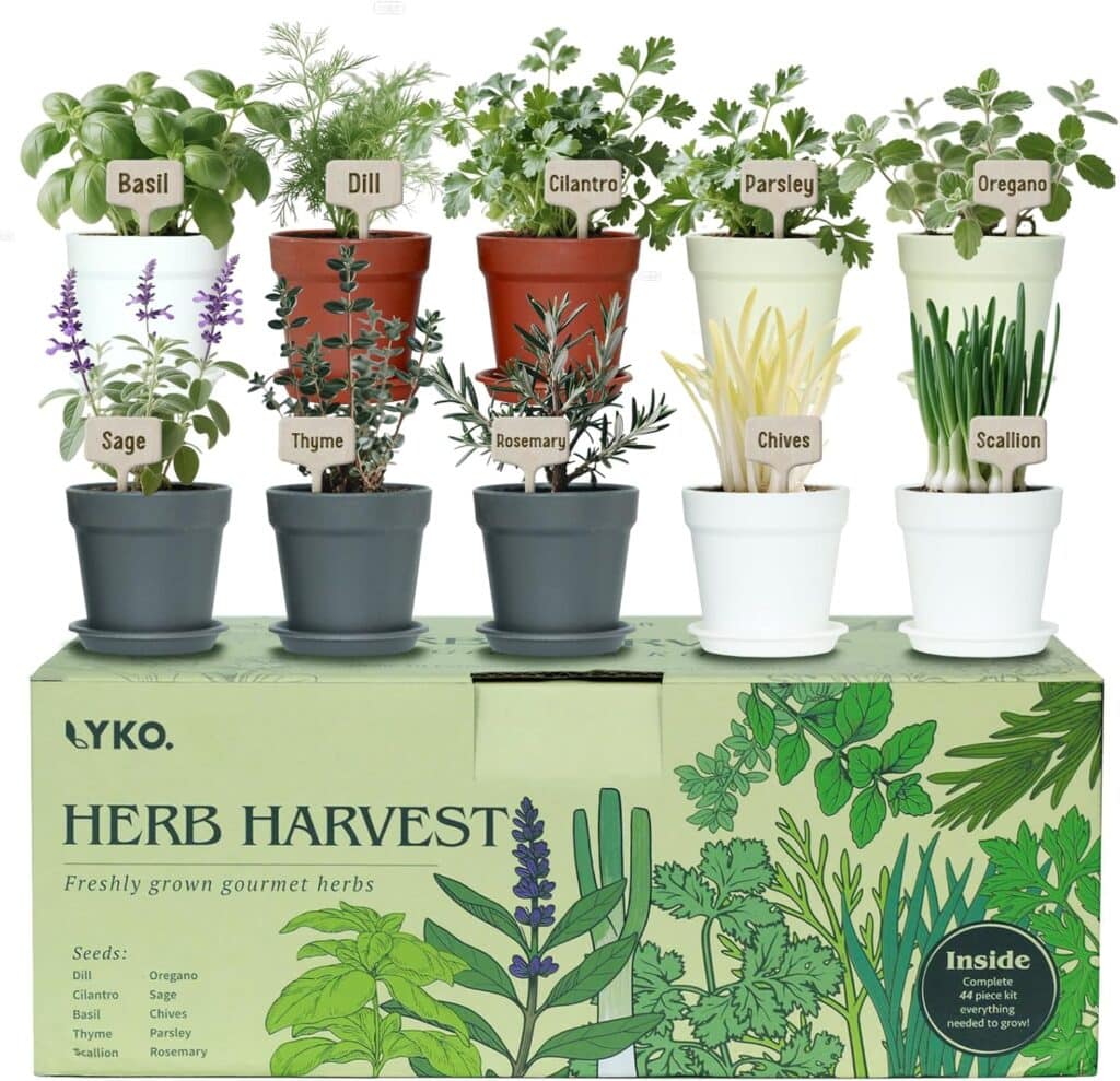 A herb growing kit with labeled pots featuring basil, dill, cilantro, parsley, oregano, sage, thyme, rosemary, chives, and scallion—arranged on a green box marked "Herb Harvest." Perfect for gifting or Thursday Deals!.