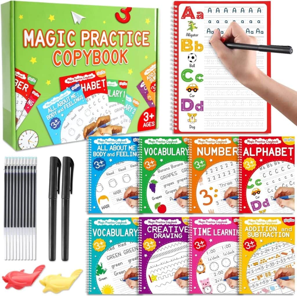A set of colorful magic practice copybooks for children, featuring workbooks on alphabet, numbers, vocabulary, drawing, and math. Pens, grips, and erasers are included, and a hand is shown tracing letters in one workbook.