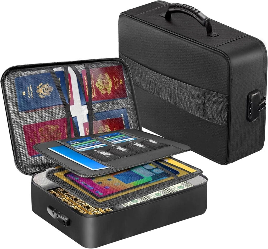 A black travel organizer case is open, showing compartments for passports, cards, documents, cash, and devices. Another case is closed beside it, both with handles and combination locks.