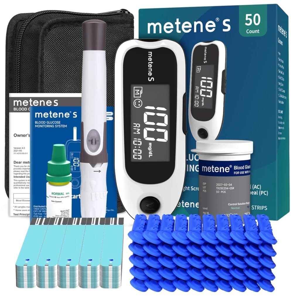 Blood glucose monitoring kit featuring a digital meter, test strips, lancets, lancing device, control solution, user manual, carrying case, and a "meteneS 50 count" box on a white background—perfect for Friday Deals.