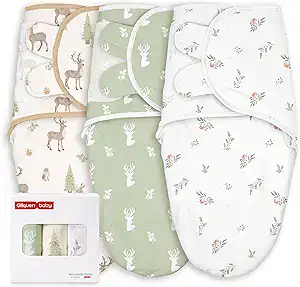 Three soft baby swaddle blankets with forest animal and nature prints in beige, green, and white. The set includes a box displaying the three folded blankets—perfect for gifting or nursery essentials. Shop now to enjoy special Friday Deals!.