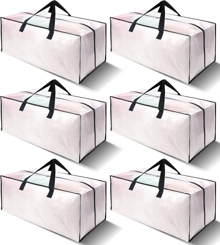 Six large, rectangular, light-colored storage bags with black handles and zippers, arranged in two rows of three against a white background.