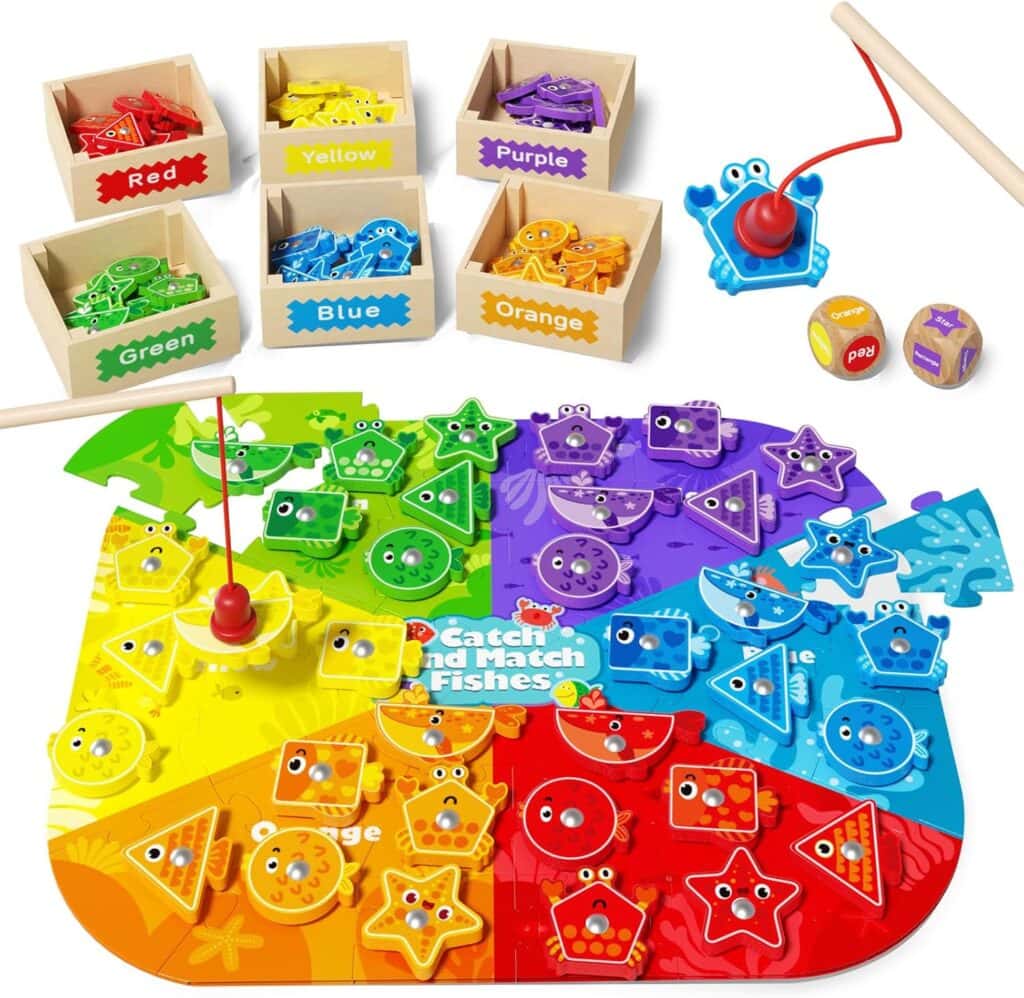 Colorful magnetic fishing game set with wooden fish pieces, sorting boxes labeled by color, fishing rods, dice, and a board divided into six color sections—grab it now with Friday Deals for extra savings!.