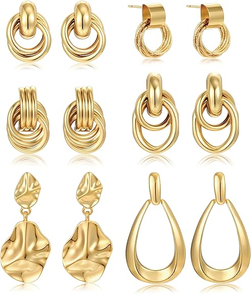 A set of eight pairs of gold-tone earrings, each with a unique geometric or abstract design—hoops, twisted circles, layered rings, and irregular shapes—displayed against a white background. Perfect for elevating your Friday Deals finds.