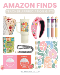 A collage of gifts for teacher appreciation featuring a triangular cookie slice, tumbler with "Cool Teachers Club," pink headband, colorful pens, brain break cards, beaded lanyard, floral notebook, and skincare products.