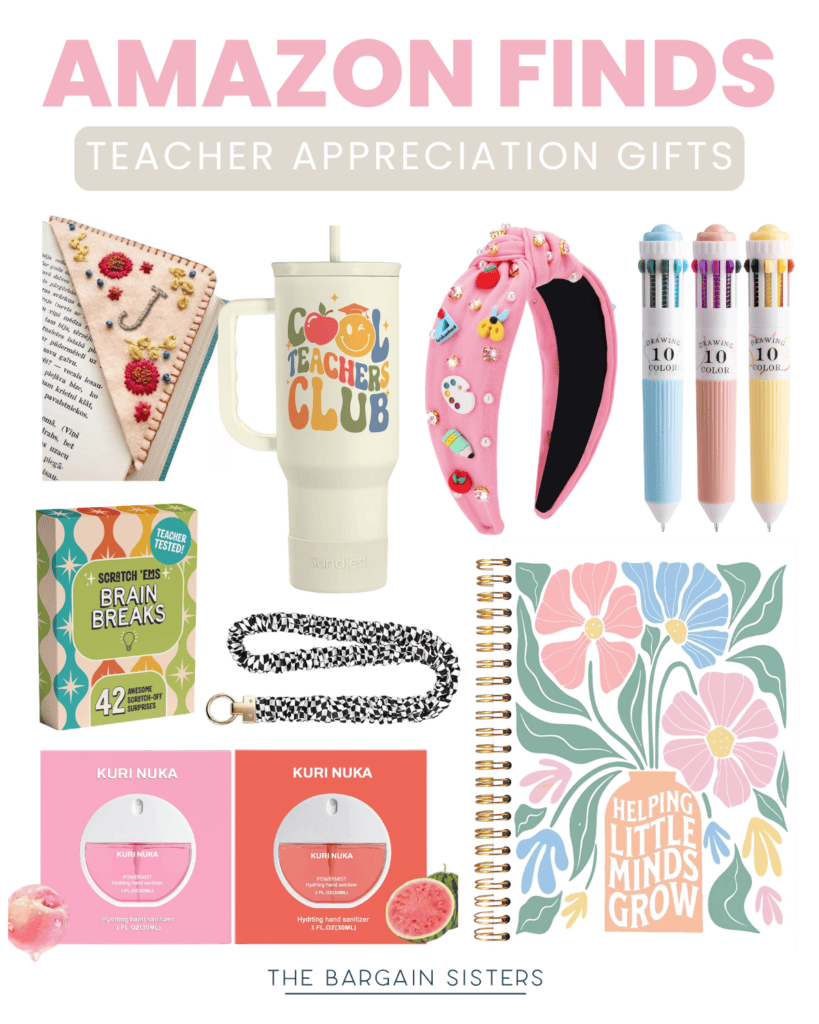 A collage of gifts for teacher appreciation featuring a triangular cookie slice, tumbler with "Cool Teachers Club," pink headband, colorful pens, brain break cards, beaded lanyard, floral notebook, and skincare products.