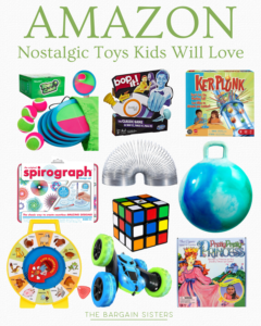 A collage of nostalgia toys like Bop It, KerPlunk, Spirograph, Slinky, Rubik’s Cube, and more. Text reads: "Amazon Nostalgic Toys Kids Will Love." Perfect for sharing childhood favorites with a new generation!.