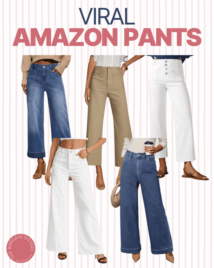 Five women showcase viral Amazon pants in wide-leg styles—denim, white, and khaki—set against a pink-striped background with "Viral Amazon Pants" displayed at the top.
