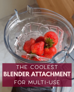 A blender pitcher with a special attachment and several fresh strawberries inside, shaped like a bike training handle. Text overlay reads: "The coolest blender attachment for multi-use.