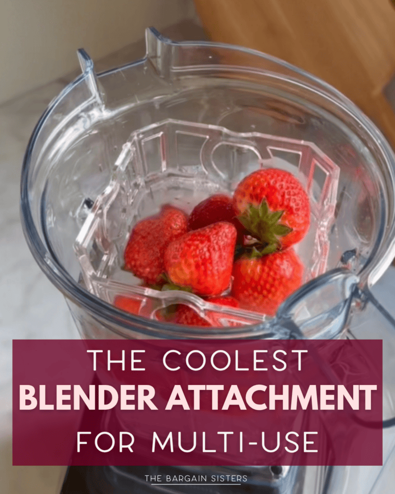 A blender pitcher with a special attachment and several fresh strawberries inside, shaped like a bike training handle. Text overlay reads: "The coolest blender attachment for multi-use.