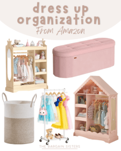 Collage of dress-up organization items for kids, including a pink bench, two wooden wardrobes with hanging clothes and shelves, a woven basket, and a garment rack with dresses and plush toys. Perfect for organizing dress up clothes from Amazon.