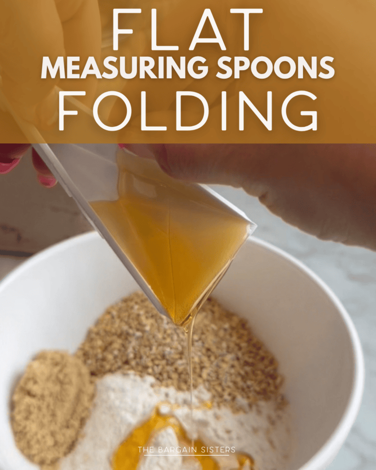 A hand pours honey from a flat folding measuring spoon into a bowl of dry baking ingredients. Text above reads “Flat Measuring Spoons Folding.”.