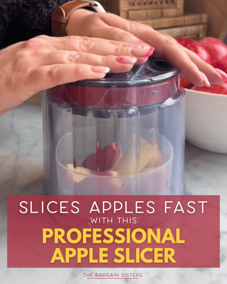 A person presses down on a clear, round professional apple slicer, quickly cutting apples on a kitchen counter. Red apples and sliced apples are in a bowl nearby. Text reads: "Slice apples fast with this professional apple slicer.