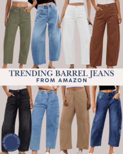 Eight women model different colors and styles of barrel leg jeans from Amazon, including green, light blue, white, brown, black, khaki, and more. Text reads "Trending Barrel Jeans from Amazon—perfect daily wear jeans.