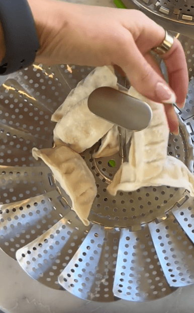 A hand holding a metal steamer basket filled with uncooked dumplings, ready for steaming.