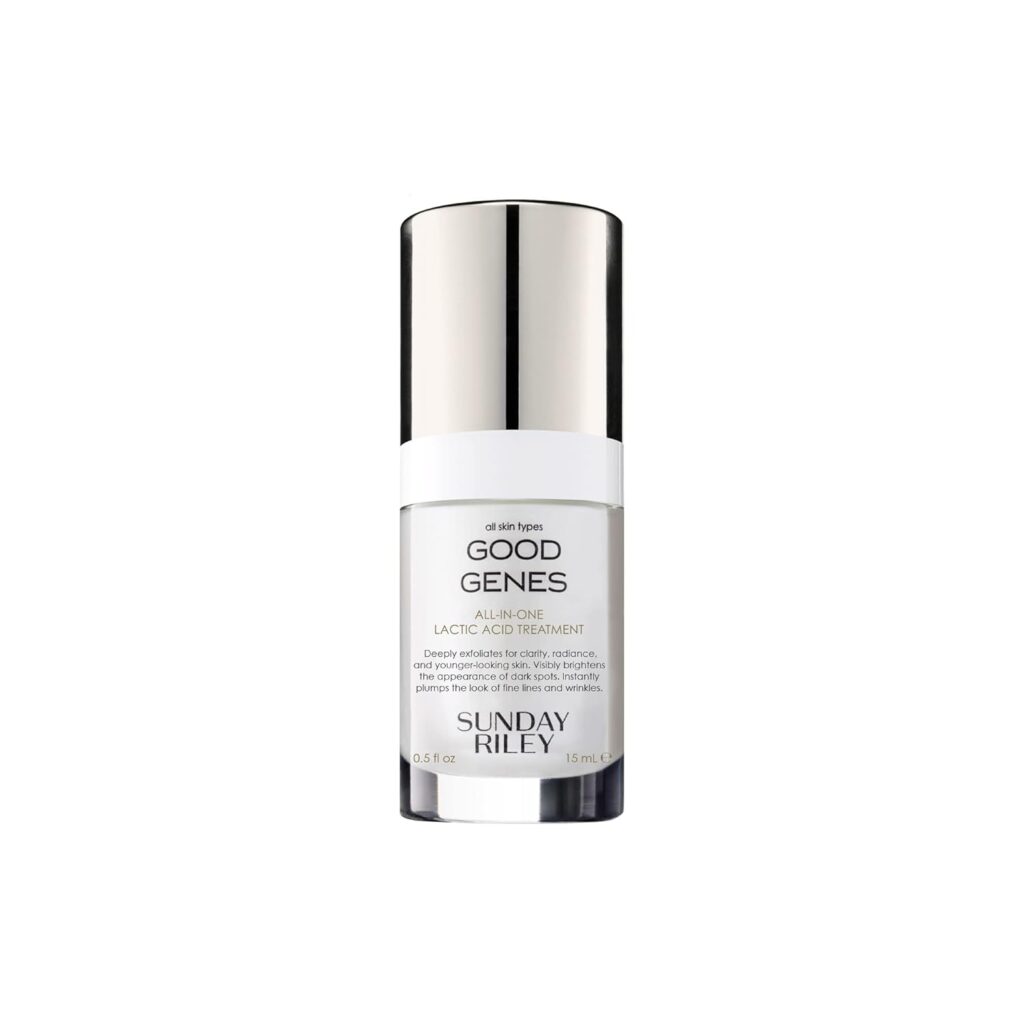 A bottle of Sunday Riley Good Genes All-In-One Lactic Acid Treatment with a silver cap and white label, shown against a plain white background—perfect for stocking up during Monday Deals.