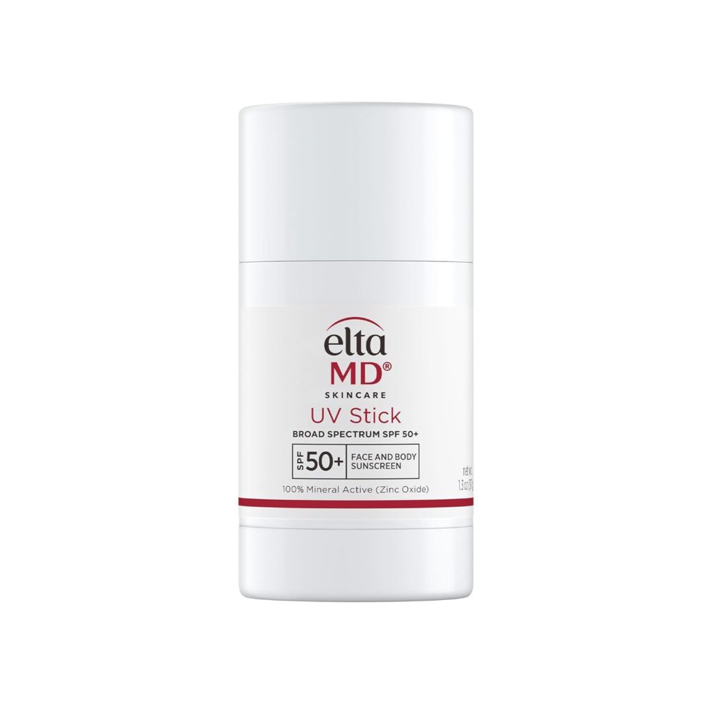 A white cylindrical container of EltaMD Skincare UV Stick with SPF 50+ for face and body. The label features red and gray text and highlights that it contains 100% mineral active ingredient (zinc oxide).