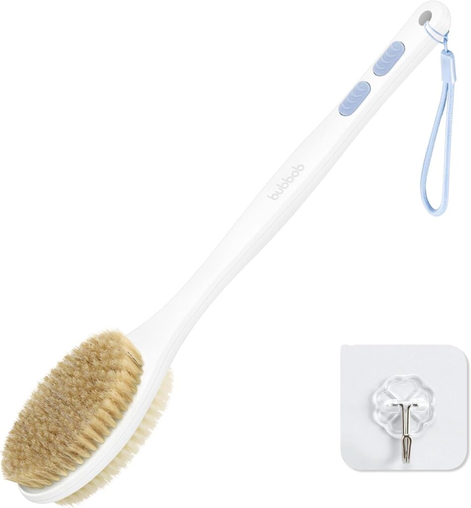 A white bath brush with a long handle, soft bristles, blue grip accents, and a hanging loop is shown with a clear wall hook for storage—perfect for self-care and easy organizing during Wednesday Deals.
