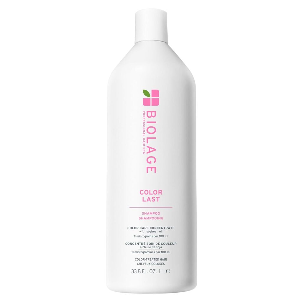 A white bottle of Biolage Color Last shampoo with a pink and green logo, pink text, and a twist cap. Labeled for color-treated hair and 33.8 fl oz (1 liter), it's perfect for stocking up during Friday Deals.