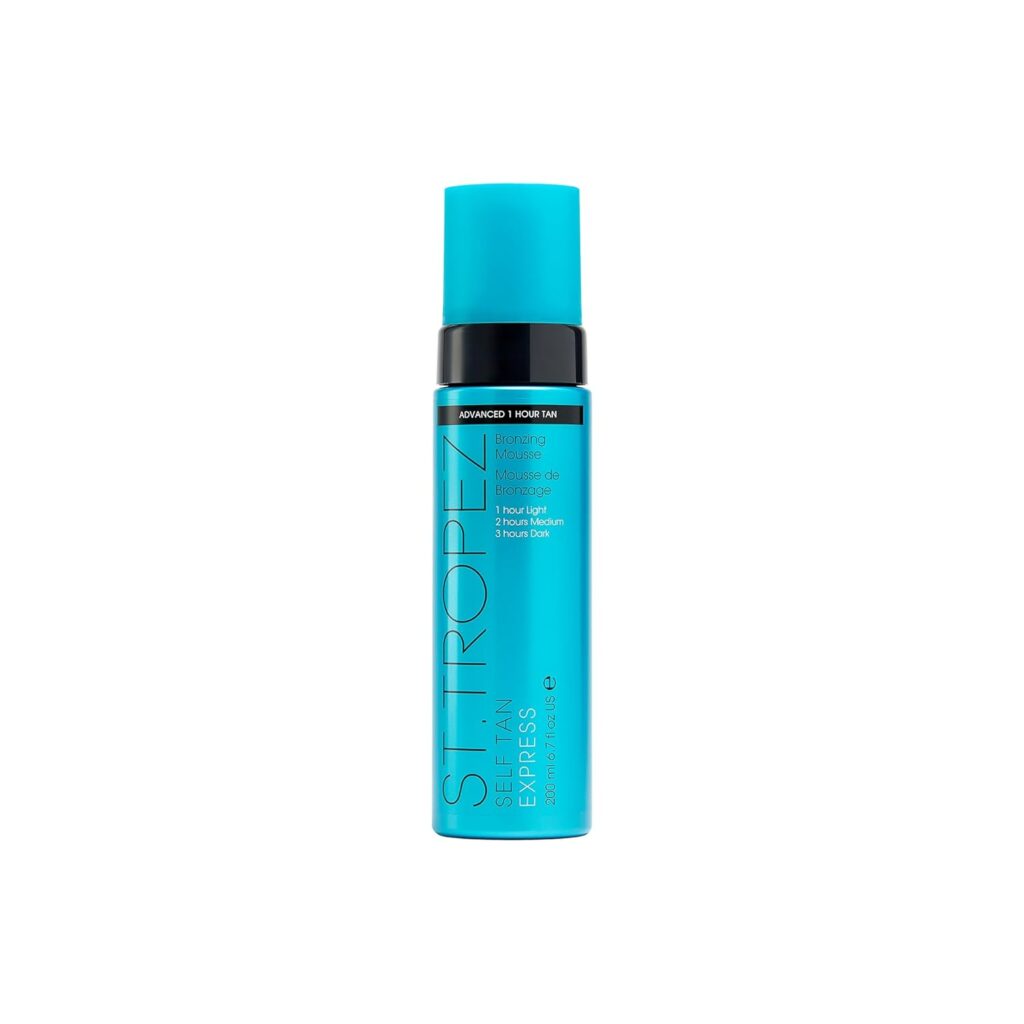 A turquoise bottle of St. Tropez Self Tan Express Bronzing Mousse with a black pump dispenser and silver text, standing upright on a white background—perfect for scoring amazing Tuesday Deals.